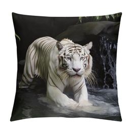 Throw Pillow Cover White Tiger Waterfall Albino Animal Cat Wild Animal Face Decor Lumbar Pillow Case Cushion for Sofa Couch Bed Standard Queen