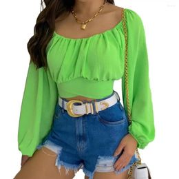 Women's Blouses Elastic Collar Solid Color Women Blouse Shrinkable Cuffs Loose Wrap Chest Off Shoulder Lantern Sleeve Pullover Top Club Wear