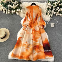 French haute couture dress for women light luxury heavy industry pleated slim fit long design halo dye printed dress skirt