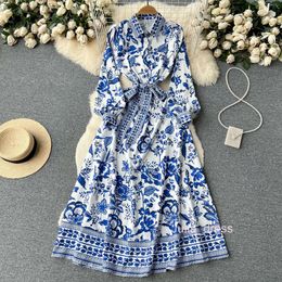 Spring New Palace Style Bubble Sleeves Wrapped Waist Printed Shirt Collar Dress Womens Over Knee Large Swing Long Skirt