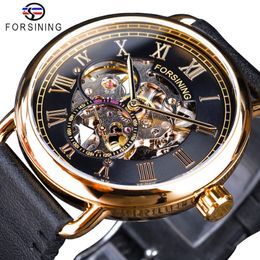 Forsining Classic Black Golden Openwork Watches Skeleton Mens Mechanical Wristwatches Top Brand Luxury Black Genuine Leather 234I