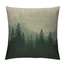 Pine Forest in Morning Throw Pillow Cover Misty Tree Wood Nature Scene Landscape Fog Environment Pillow Case Decorative Square Cushion for Home Couch Bed