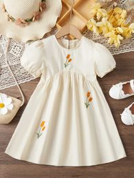 Girl's Dresses Girls Fashion Embroidered Flower Dress Summer Little Girls Short Sleeved Casual Toddler Dresses Baby Cute Dress Kids Clothes Y240529