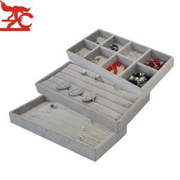 Popular Grey Velvet 11 22cm Jewellery Display Tray Kit 3Pcs Bead Ring Earring Necklace Storage Organiser Box Portable Jewellery Tray 260P