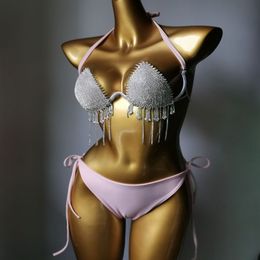 2024 Women Pink Bikini Set Women Diamante Carnival Bra rhinestone Sexy Panties Rave Festival Bikini Set Burning Man Outfit