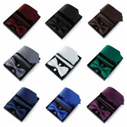 Mens Tie Set 7.5cm Solid Color Mens Tie Set Luxury Set Bow Pocket Square Cufflinks Butterfly Wedding Gift Tie 240529