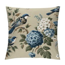 Floral Pillow Cover Spring Plant Flowers Hydrangea Hibiscus Iris Bird Leaf Throw Pillow Case Square Cushion Decorative Cover for Sofa Bed Blue Green