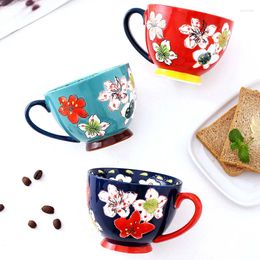Mugs Hand-painted Relief Ceramic Breakfast Cup Oatmeal Milk Household Large-capacity Underglaze Colour Coffee Mug