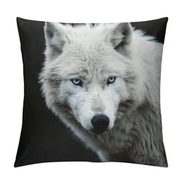 Pillow Cover White Wolf Pillow Case Protector with Zipper Black Background Soft Throw Pillow Covers for Home Bedding Couch Sofa