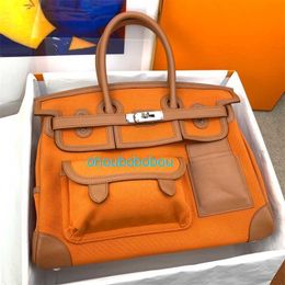 Totes BK CARGO Bag Sesame Canvas Leather Handbag Cargo Platinum Bag 35cm Handmade Pure Hand Sewn Wax Line Canvas Panel Swift Leather Orange Gold Brown with logo OHXD