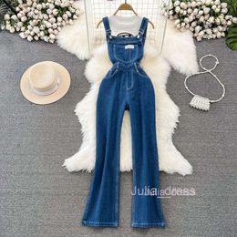 Fashionable Korean style stand up collar knitted vest two-piece set of denim straps for women with high waist and slim straight leg wide leg jumpsuit