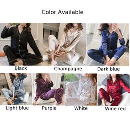 Women Satin Long Sleeve Pyjama Set Lapel Top And Pants Solid Pyjamas Loungewear 2024 New Arrival Drop-shipping