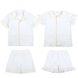 Summer Baby Clothes White Seersucker 100% Cotton Short Maniche per bambini Pamas set fratelli abbinati per ragazzi increspati di ragazzi pigiami L2405