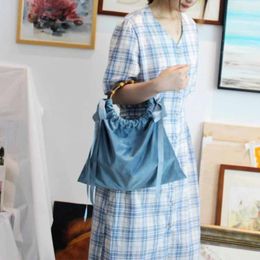 Shoulder Bags 2024 Fashion Bag Haze Blue Ribbon Velvet Bamboo Hand Purses And Handbags Women
