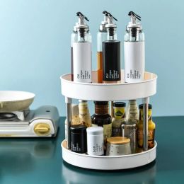 2-layer Rotatable Seasoning Storage Rack Cosmetics Storage Rack Spice Can Tray Kitchen Space Saving Organiser Home Supplies 2024