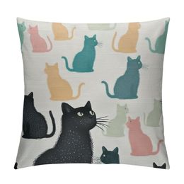 Cute Cat Throw Pillow Cover Colourful Cartoon Happy Kitty Cat Kitten Pattern Decorative Pillow Case Home Decor Square Pillowcase