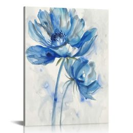 Flower Artwork Canvas Wall Art: Abstract Bright Blue Lotus Floral Picture Giclee Print on Canvas for Bathroom (1 Panel)