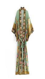boho Floral print Vintage Ethnic chic bat sleeve Loose Kimono dresses Women V neck Summer Split maxi dress 2018 vestidosN1881840629