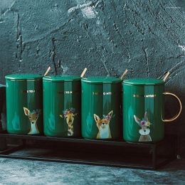Mugs Nordic Gold Handle Animal With Lid Spoon Simple Creative Retro Ceramic Cup Personality Trend Coffee Green Glaze Cartoon Mug