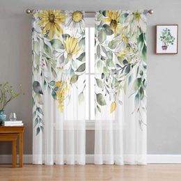 Curtain Watercolour Plants Leaves Flowers Daisy Sheer Curtains For Living Room Decoration Window Kitchen Tulle Voile