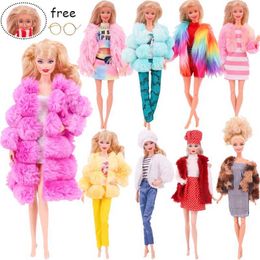 Doll Apparel Barbies Doll Clothes Plush Coat + Dress+Hat T-shirt Set Suitable For 30cm Doll Fashion Outfit Casual Clothing Free Glasses Gift Y240529