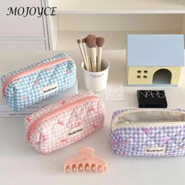 Cosmetic Bags Checkered Cute Bow Travel Makeup Pouch With Zipper Toiletry Bag Cotton Quilted Organizer Case For Women And Girls