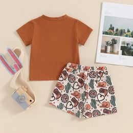 2024-03-01 Lioraitiin Toddler Boys Western Outfits Summer Short Sleeve T-Shirt and Elastic Cow Print Shorts Boys Clothes Set