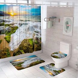 Shower Curtains Sunset Beach Sea Waves Curtain Sets Tropical Ocean Coast Scenery Fabric Bathroom Decor Bath Mat Rug Toilet Cover