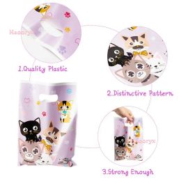 50Pcs Cute Cat Party Favours Bags For Guests Plastic Gift Bag Goodies Candy Bag With Handle Birthday Cookies Baking Packing Bag