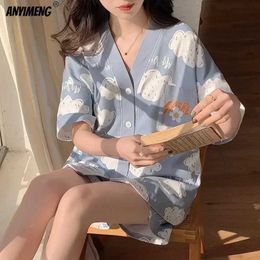 Women's Sleepwear Korean Pajamas Set for Women Summer Loungewear Sleepwear Girls Sweet Lapel Pyjama Kawaii Bear Printed Pijamas Japanese Home Suit Q240528