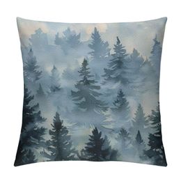 Kasta kuddtäckning Akvarell Foggy Tree Misty Mountain Wild Outdoor Landscape Nature Decor Lumbal Pillow Case Cushion For Sofa Couch Bed Standard Queen