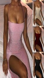 Glitter Pink Lace Up Open Back High Split Maxi Dress Fashion Summer Club Bodycon Woman Party Night1725448