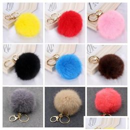 Keychains & Lanyards Real Rabbit Fur Ball Keychain Soft Lovely Gold Metal Key Chains Pom Poms P Car Keyring Bag Earrings Drop Deliver Dhvim