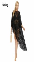 Plus Size Lace Beach Cover Up Female 2021 Oneck Sheer Black Half Skirt Irregular Women039s Summer Sundresses Large Fat Beachwe4883577