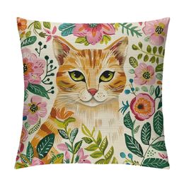 Throw Pillow Covers Orange Portrait Tabby Cat Spring Florals Cushion Pillow Case Home Decor Pillowcase