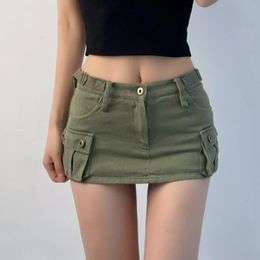 DEEPTOWN Denim Cargo Mini Skirt Women Korean Style Low Waist Slim Sexy Vintage Streetwear Green Jean Skirt Y2k Girl Summer 240529