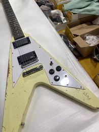 Relic Fly-V style Electric Guitar,Mahogany Body,Cream color,Rosewood Fingerboard,Tune-O-Matic Bridge,Signed version,replica guitar