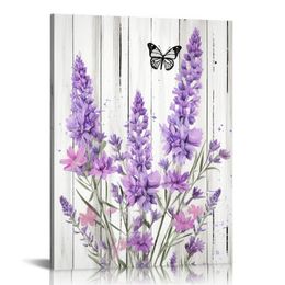 Purple Flower Wall Art Lavender Floral with Butterfly Canvas Wall Art for Bathroom Grey Farmhouse Wood Painting Prints Artwork for Living Room Bedroom Wall Decor