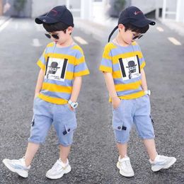 T-shirts Summer Boys Clothing 2024 Kids Clothes Stripe Cotton T-shirt+Jeans Pant Boy Sets Infant Newborn Clothing 3 4 5 6 7 8 10 12 Years d240529