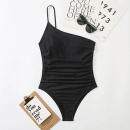 2024 Sexy One Shoulder Swimsuit Women Solid Black Neon Green Push Up Padded Bathing Suit Pleate Swimwear Monokini 240527