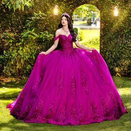 Rose Red Quinceanera Dress Ball Gown Off The Shoulder Applique Lace Beading Crystals Bow Corset Sweet 16 Vestido De 15 Anos