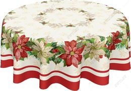 Christmas Round Tablecloth Red and White Christmas Floral Leaves Table Cloth Winter Xmas Farmhouse Polyester Table Cover