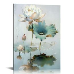 Lotus Flower Canvas Print Wall Art Pictures Decor Floral Blooming Painting Modern Bathroom Decor Framed Home Bathroom Decor (H)