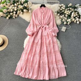 French gentle style temperament dress spring dress womens design sense hollowed out lace patchwork bubble sleeve long skirt vacation dress
