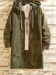 Men's Trench Coats Plus Size Hooded Coat Loose Fit Long Lapel Single Breasted Windbreaker Jacket Button Overcoat Men Clothing B32