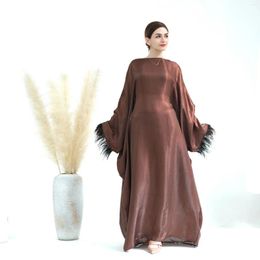 Ethnic Clothing Dubai Luxury Abaya For Moroccan Lebsa Women Party Saudi Turkish Fashion Solid Feathers Batwing Sleeve Muslim Gown