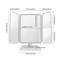 LED Makeup Mirror 3 Colors Lights Trifold Dressing Mirror Beauty Light with Smart Complementary Makeup Mirror USB Rechargeable