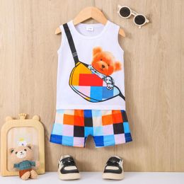Clothing Sets Two-piece Summer Baby Boy Cartoon Bear Print Tank Top Multicolor Plaid Shorts Set