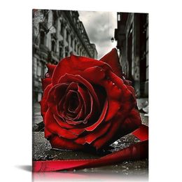 Canvas Print Black and White Red Rose Canvas Art Painting Red Wall Art Decorations Flower Picture on Canvas for Home Decor Stretched and Framed Ready to Hang