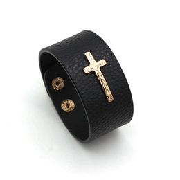 Trendy Charm Metal Cross Jesus Black PU Leather Bracelet Jewellery Accessories